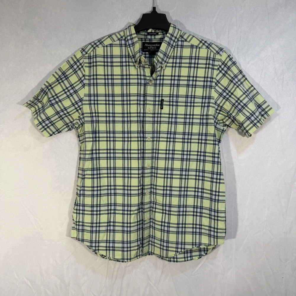 vintage abercrombie and fitch Short Sleeve Button Up Plaid Green Shirt‎ FITTED L